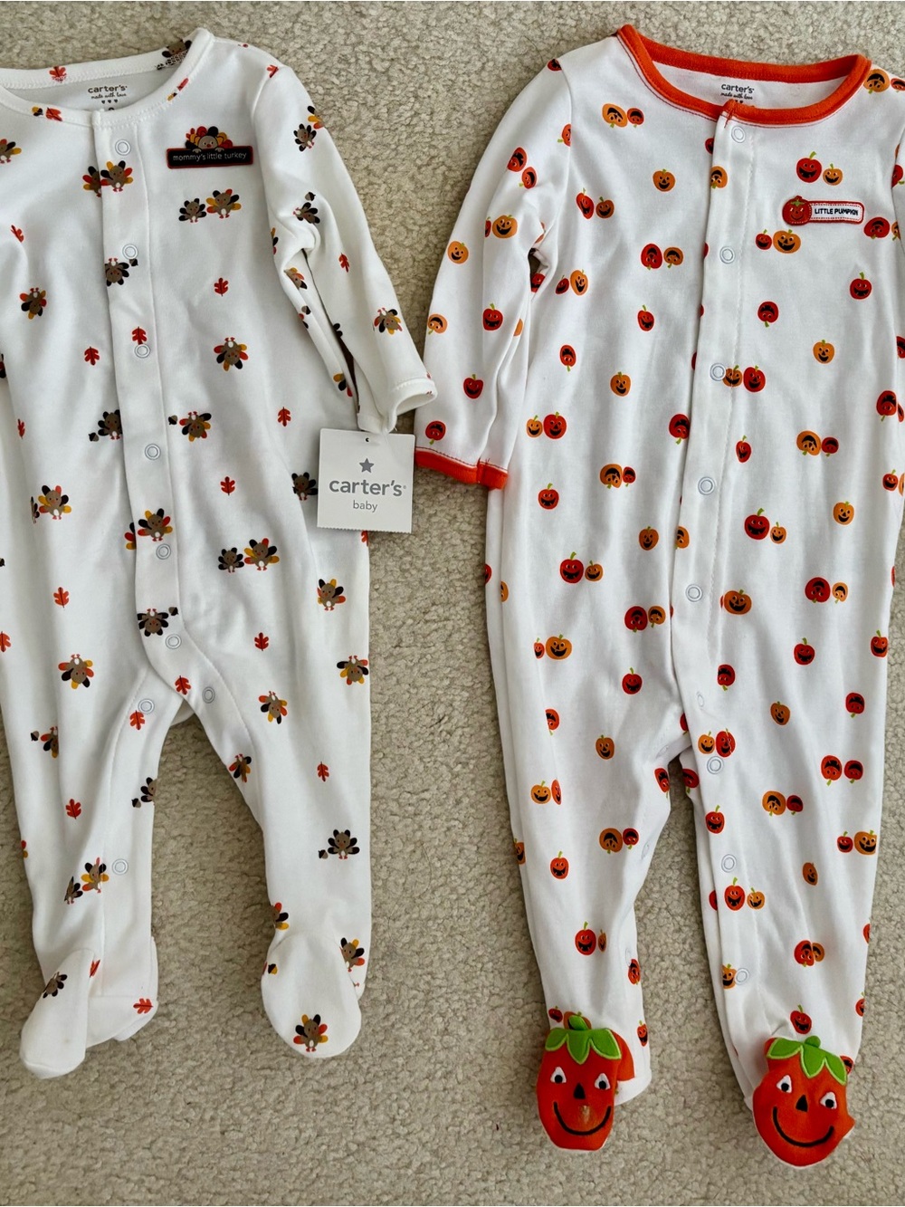 Carter's White Pumpkin(9 months)& Turkey Print (3 months) Baby One-Pieces Set
